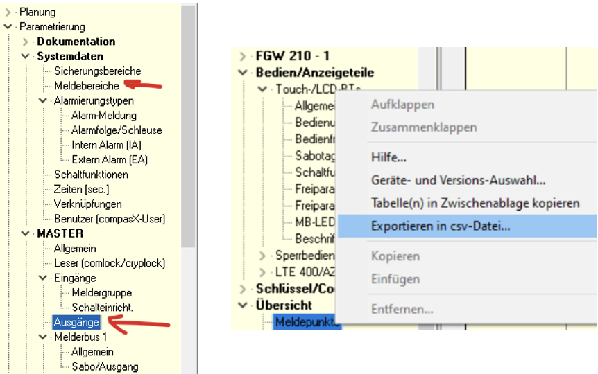 compasX – Export Meldebereiche, Ausgänge, Meldepunkte