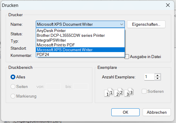 Druckerauswahl Microsoft XPS Document Writer