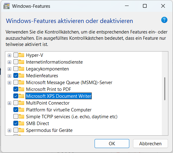Microsoft XPS Document Writer in den Windows-Features