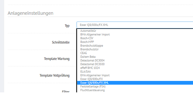 BMAcloud Anlageneinstellungen – Typ Esser IQ8/800x/FX XML