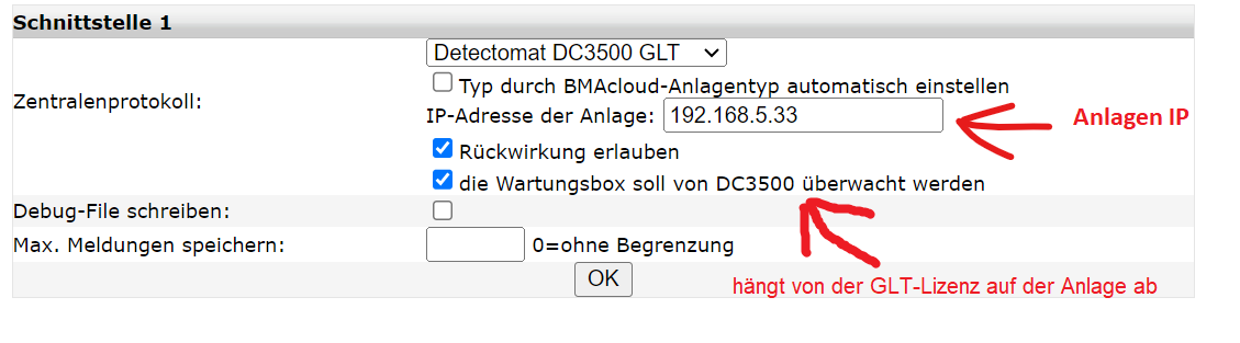 Schnittstelleneinstellung Detectomat DC3500 GLT