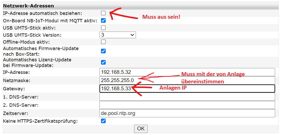 Netzwerk-Adressen der Wartungsbox