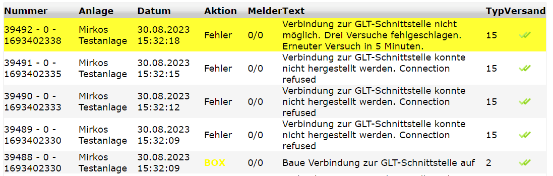 Connection refused in der Meldungsliste