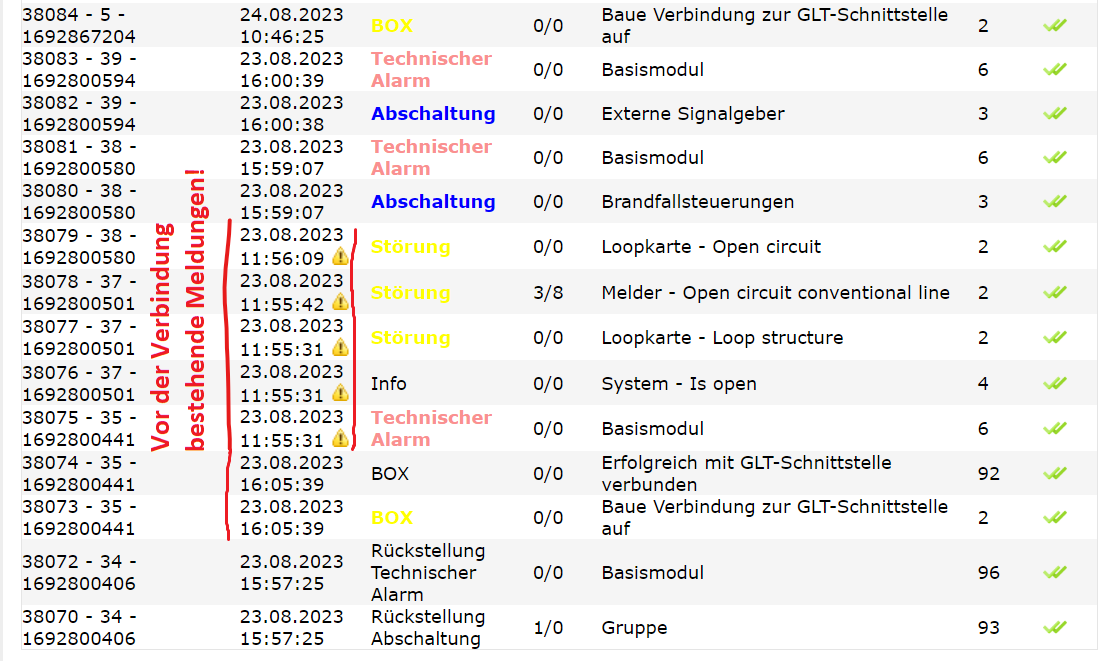 Bestehende Meldungen vor der Verbindung