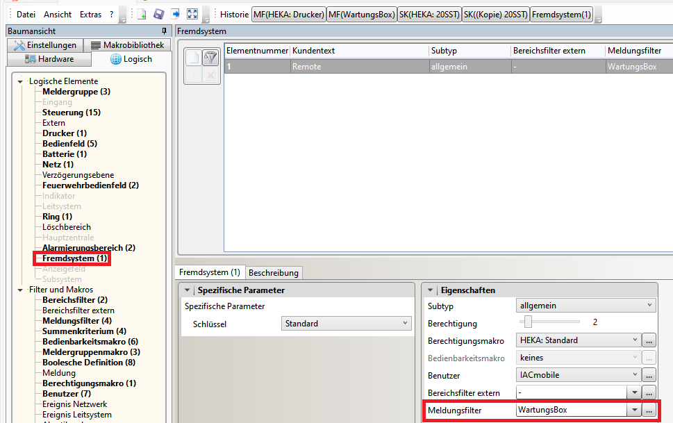 Fremdsystem – Meldungsfilter