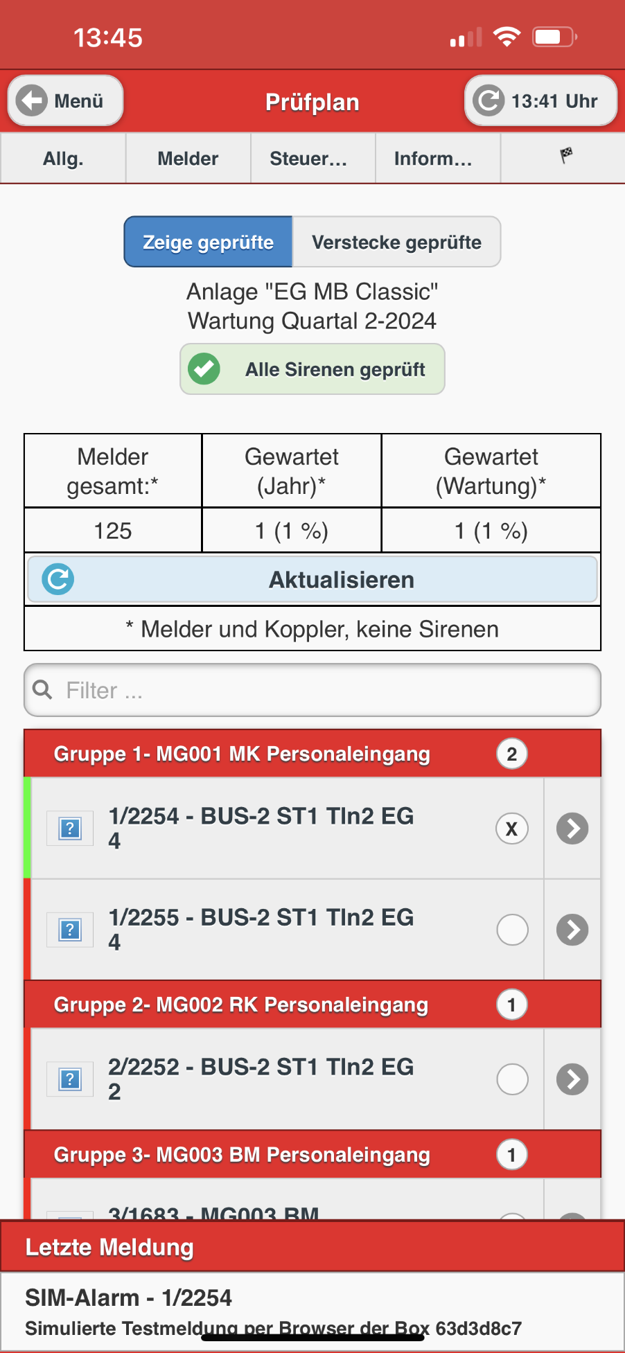 Prüfplan – Melder abhaken