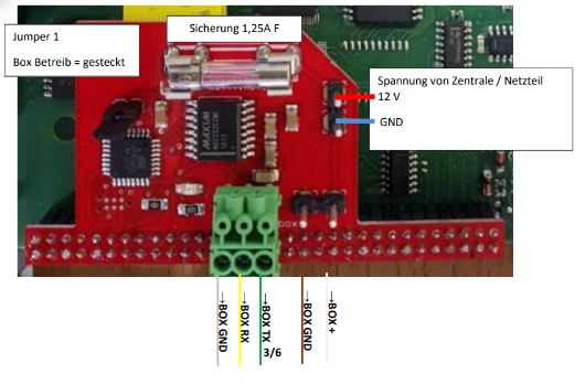 Adapter Belegung – Spannung, Jumper, Anschluss zur Box