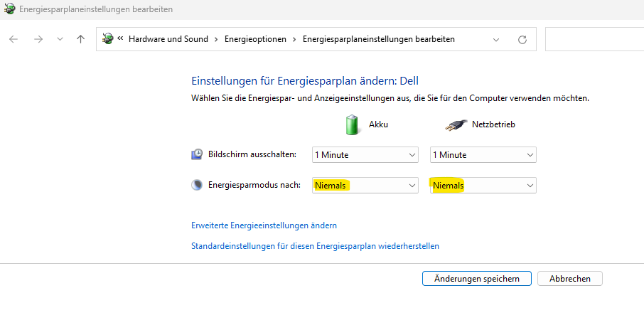 Energieoptionen Einstellungen