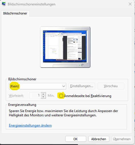 Bildschirmschoner Einstellungen