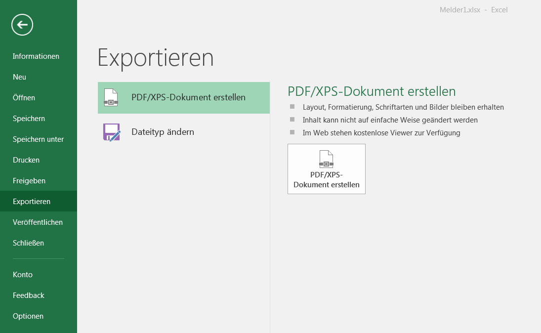 Office Dateimenü mit Export- und Speichern-unter-Optionen
