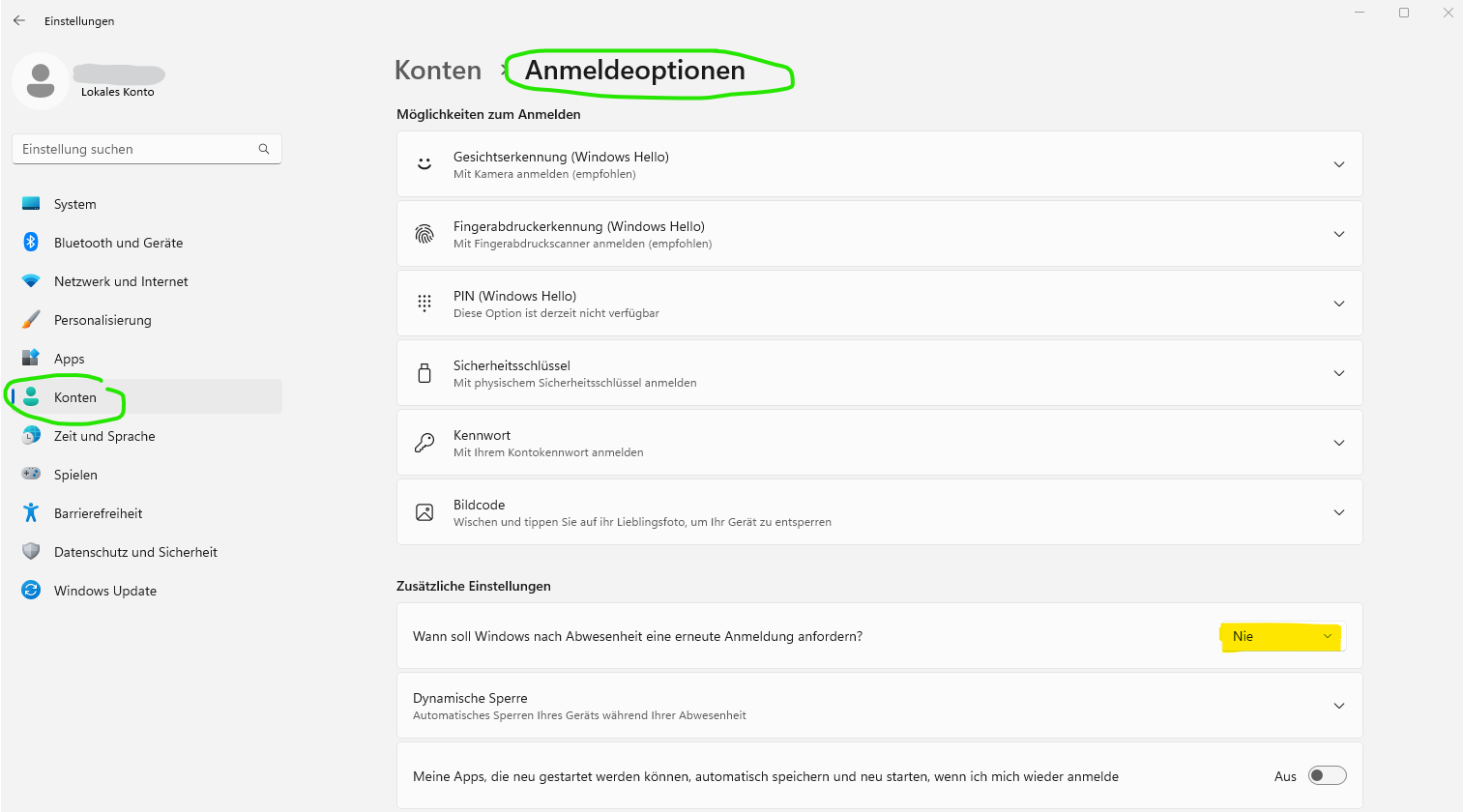 Konten Anmeldeoptionen
