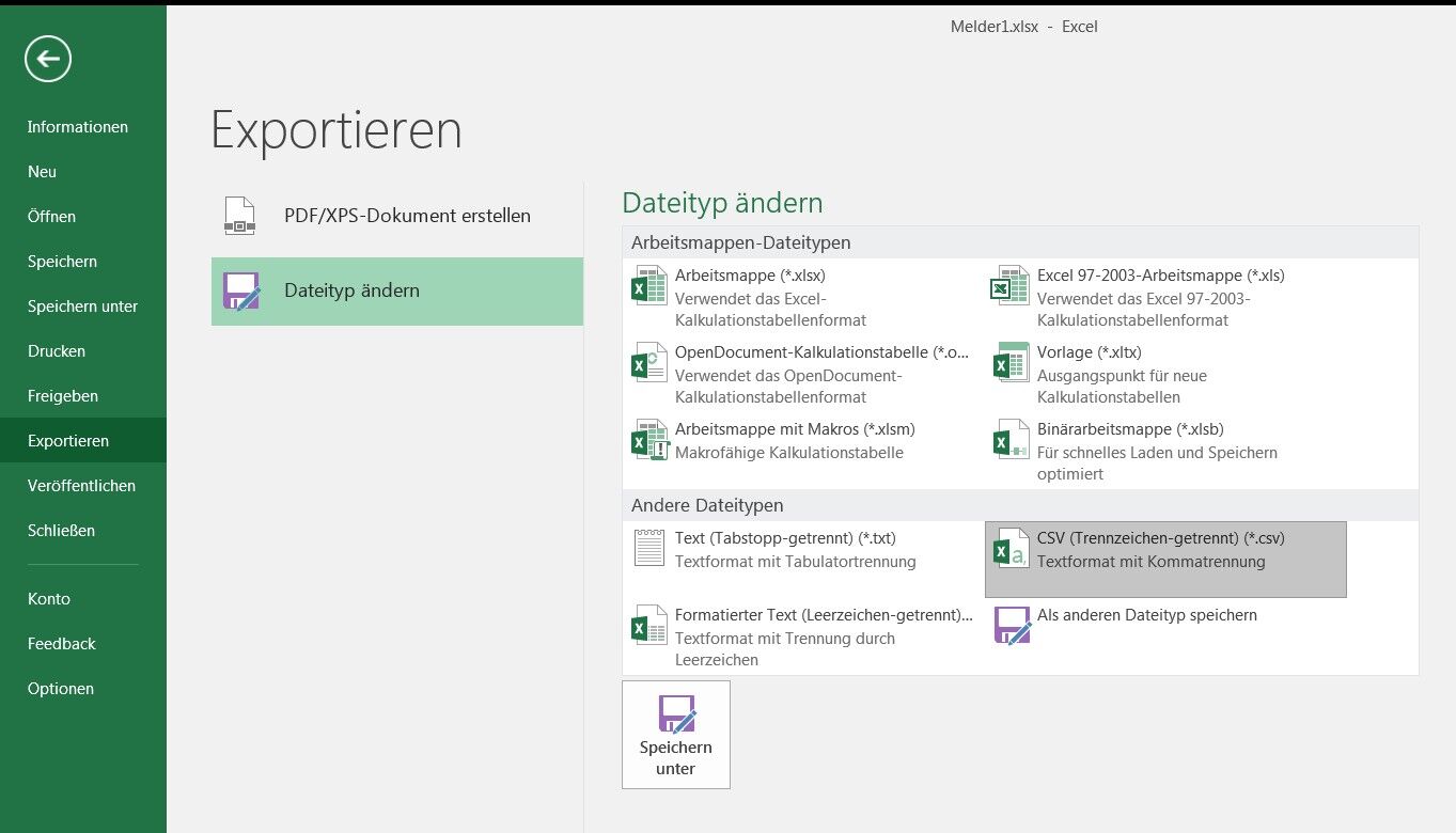 Dateityp-Auswahl mit CSV Trennzeichen-getrennt Format