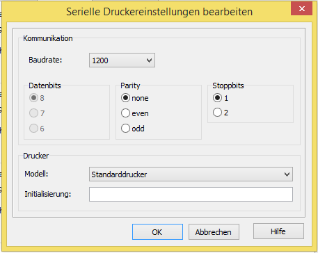 Serielle Druckereinstellungen – Baudrate