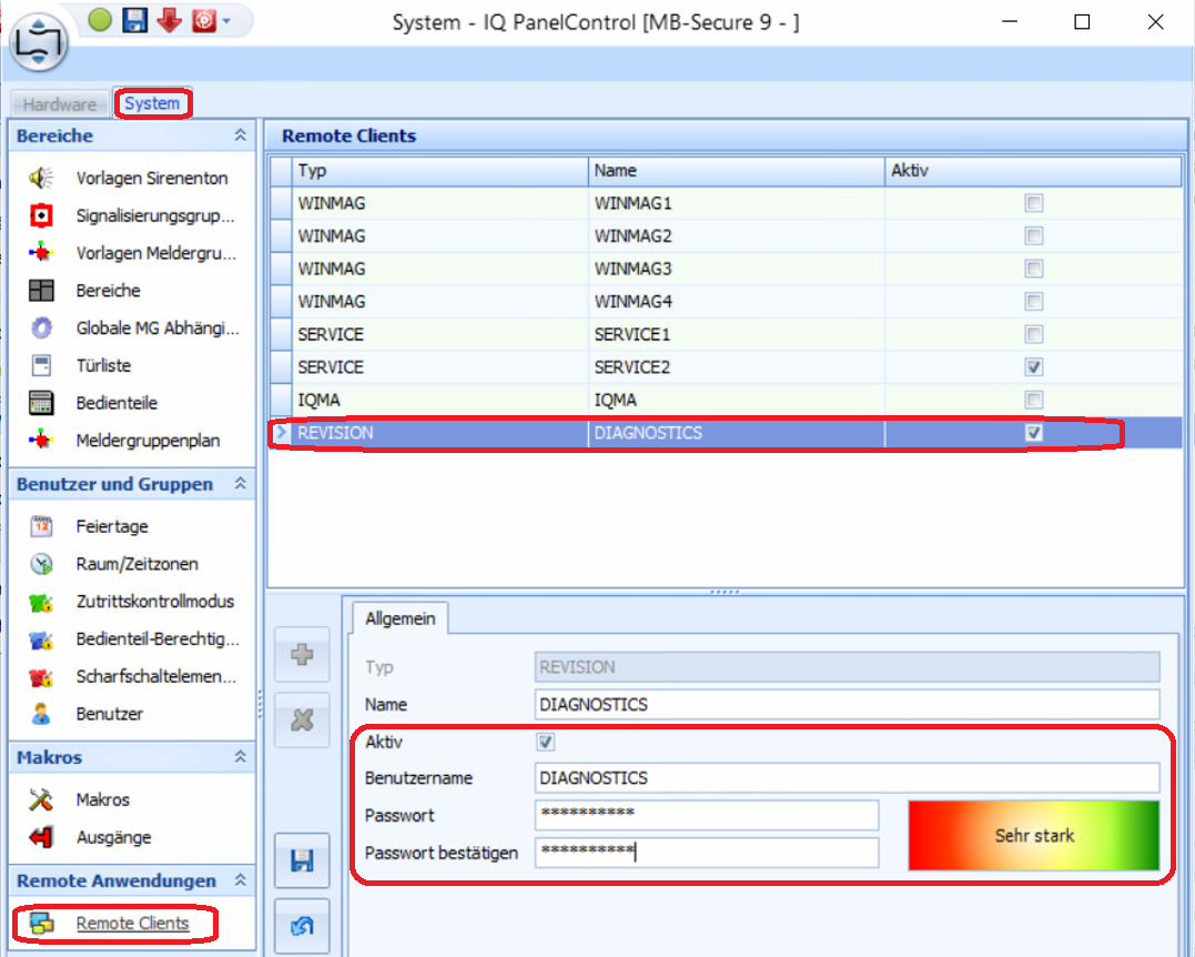 Remote Clients DIAGNOSTICS Konfiguration