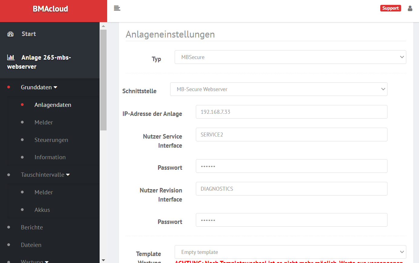 BMAcloud Anlageneinstellungen
